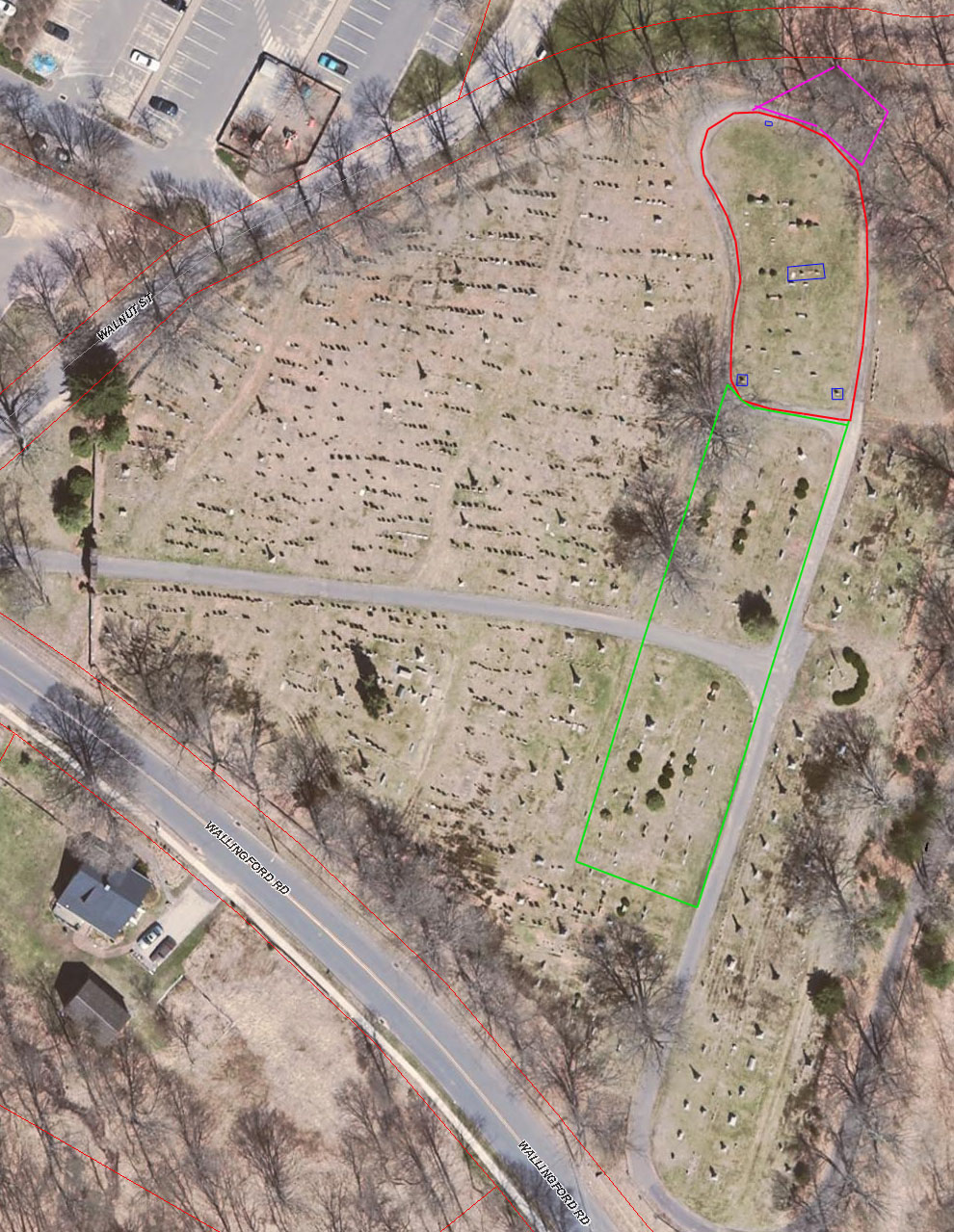 Aerial view of Hillside Cemetery with the African Burying Place outlines